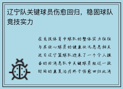 辽宁队关键球员伤愈回归，稳固球队竞技实力
