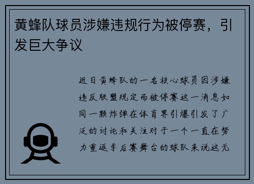 黄蜂队球员涉嫌违规行为被停赛，引发巨大争议